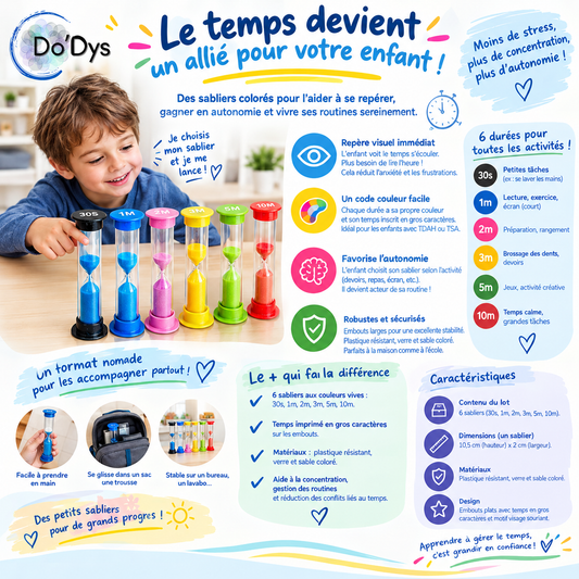 Lot de sabliers enfant : 6 repères colorés pour structurer la journée