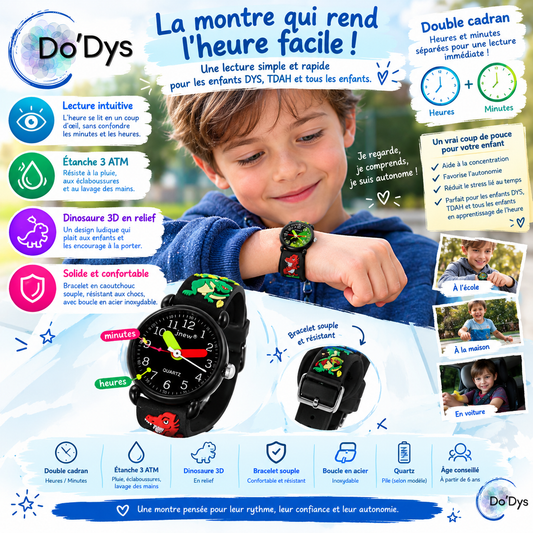 Montre Quartz enfant DYS TDAH apprentissage heure double cadran dinosaure