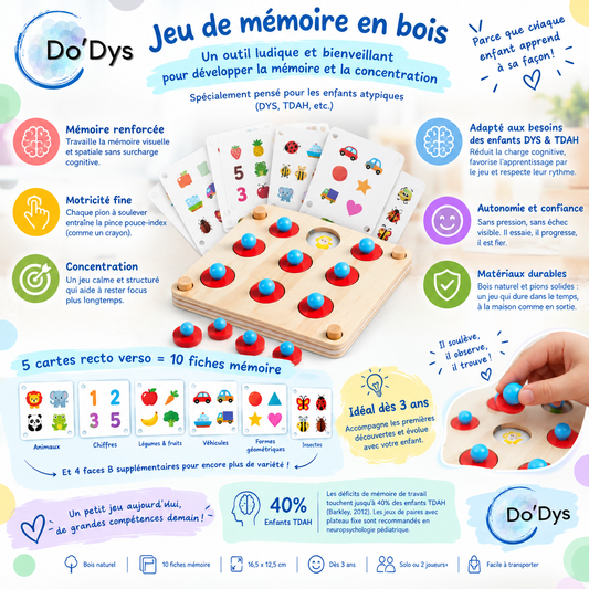 plateau bois perforé memory pions bicolores 5 cartes enfant DYS Do'Dys
