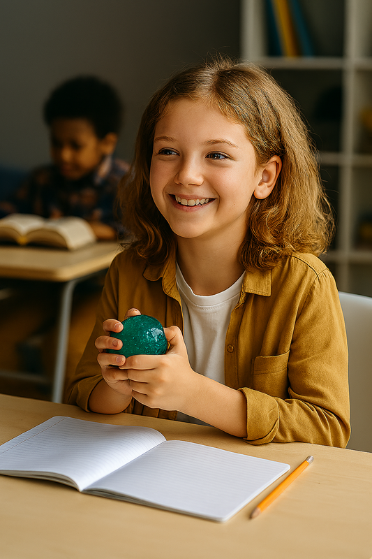 enfant TDAH qui utilise un fidget sensoriel discrètement en classe pour améliorer sa concentration pendant un cours