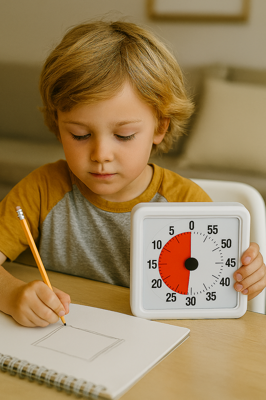 enfant atypique DYS ou TDAH qui regarde un timer visuel pendant sa routine du matin pour gérer le temps de façon autonome