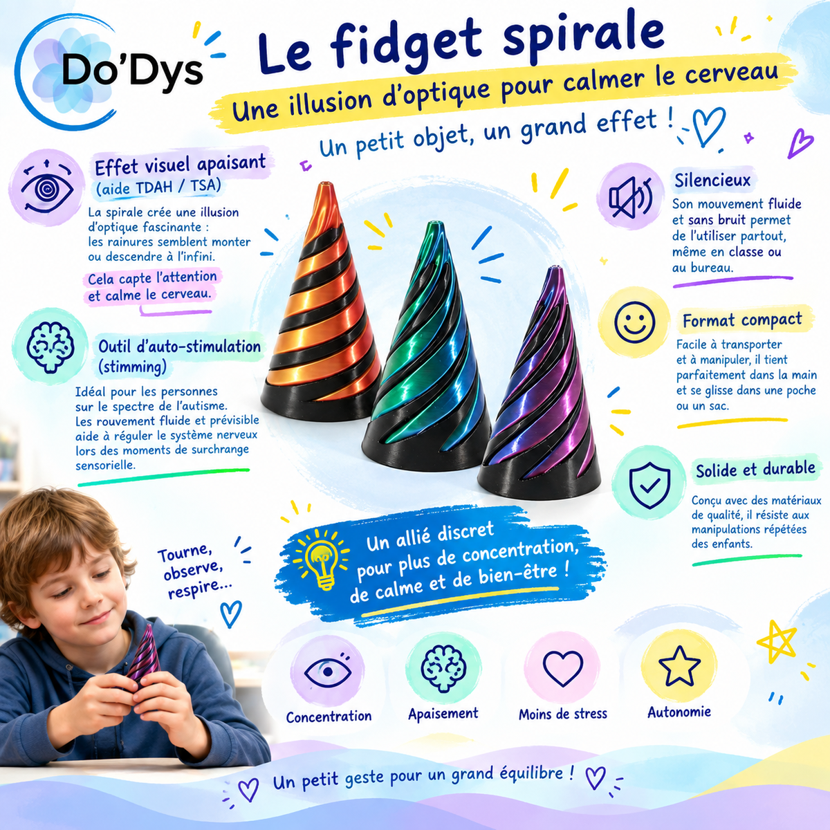 Pyramide anti-stress rotative : le fidget visuel pour ancrer l'attention