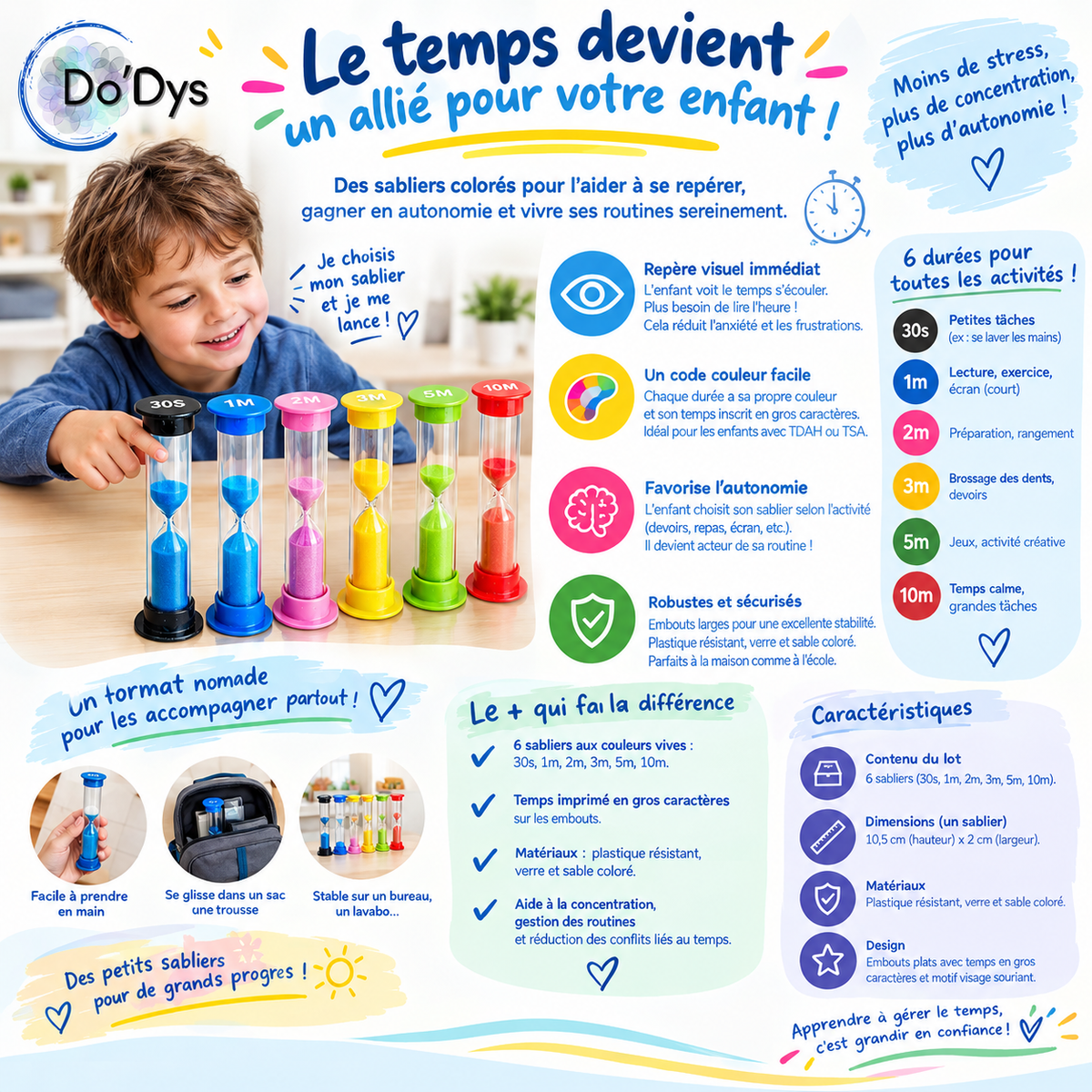 Lot de sabliers enfant : 6 repères colorés pour structurer la journée