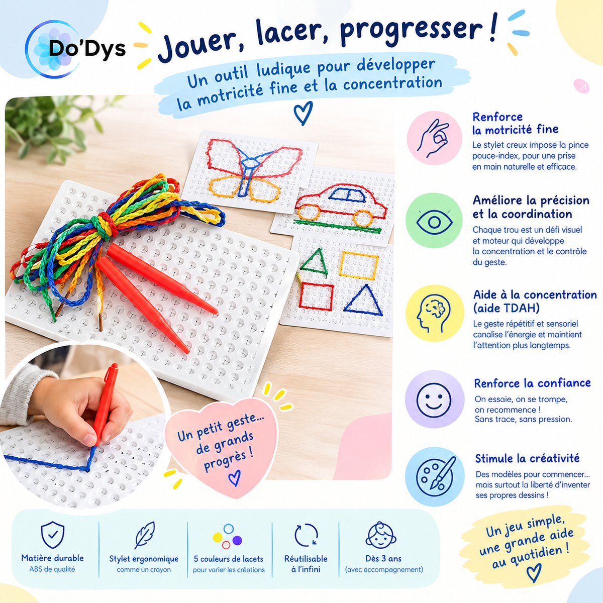jeu laçage lacets colorés 5 couleurs grille souple enfant DYS TDAH