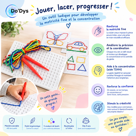 jeu laçage lacets colorés 5 couleurs grille souple enfant DYS TDAH