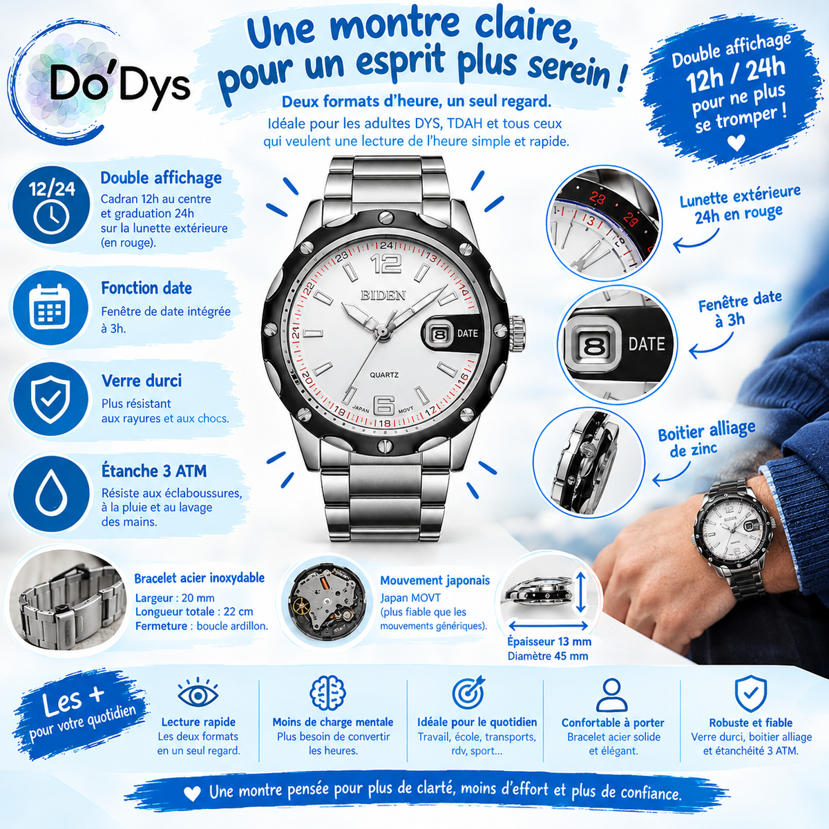 Montre ado DYS TDAH 12h 24h bracelet acier style sport