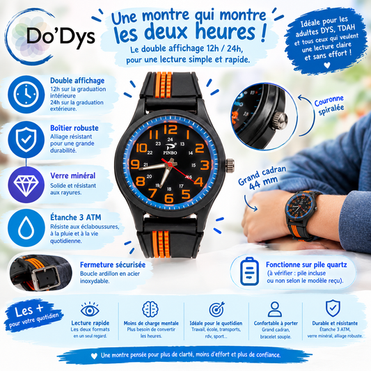 Montre 12h 24h grand cadran 44 mm DYS TDAH