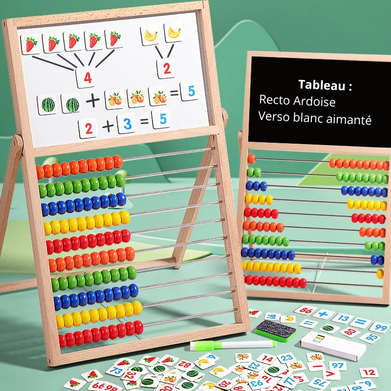 Tableau de perles en bois double face apprentissage des mathématiques