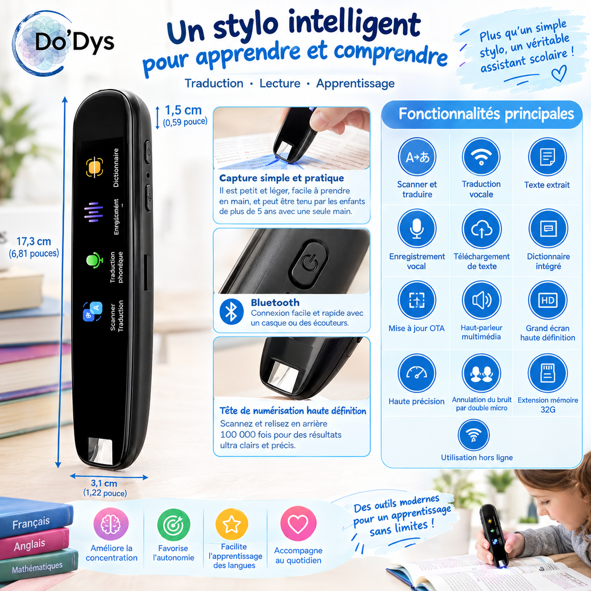 Stylo Scanner Traducteur Lecture Voix DYS Dyslexie 4en1