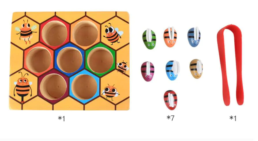 7 abeilles colorées alignées jeu ruche bois enfant dyspraxie Do'Dys