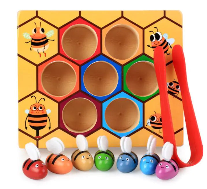 jeu ruche clip bois pince rouge 7 abeilles colorées enfant DYS