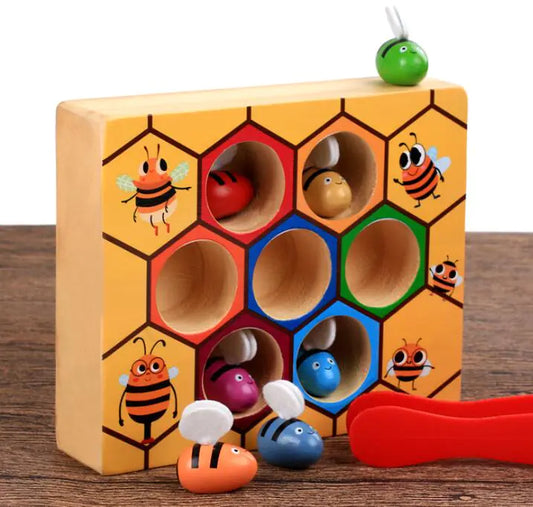plateau ruche bois 7 abeilles colorées pince silicone rouge Do'Dys